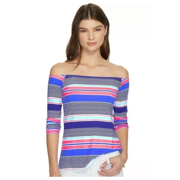 LILLY PULITZER Audelia Off the Shoulder Top True Blue Kaleidoscope Stripe, XS - Picture 1 of 8